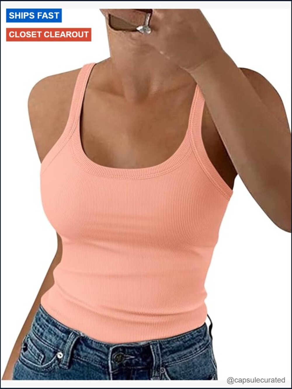 Scoop Neck Spaghetti Strap Ribbed Tank Top Sleeveless Fitted Camisole Tops